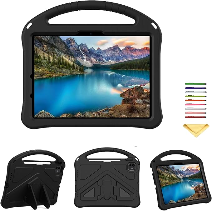 Kids Case for iPad Pro 11-Inch 2022/2021/2020/2018 (4th/3rd/2nd/1st Generation) & iPad Air 5th/4th Gen Case 2022/2020 10.9" with Kickstand/Handle/Pencil Holder Stand Girl Boy Cover, Black