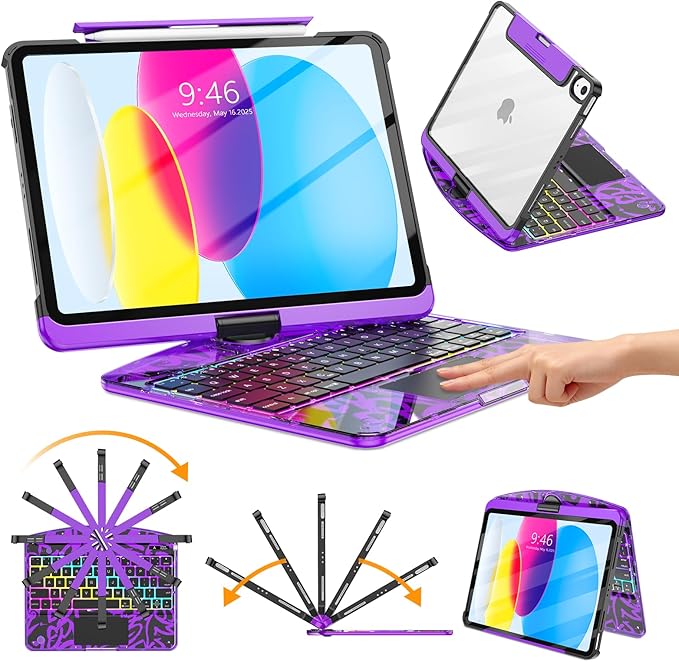 TSQQST Clear Wireless Keyboard Case for iPad (A16) 11th Generation 11-inch 2025/ iPad 10th Generation 10.9-inch 2022 with Pencil Holder & Multi-Touch Trackpad, 7-Color Backlit, 360 Rotatable, Purple