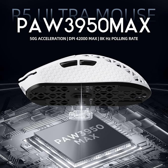 R5Ultra 8K Carbon Fiber Wireless Gaming Mouse with 42,000 DPI -PAW3950 MAX Sensor -Nordic 52840 MCU Chip-39g Ultra-Lightweight -Wired/BT/2.4GHz Wireless Programmable Mice Griptape for PC/Mac(White)