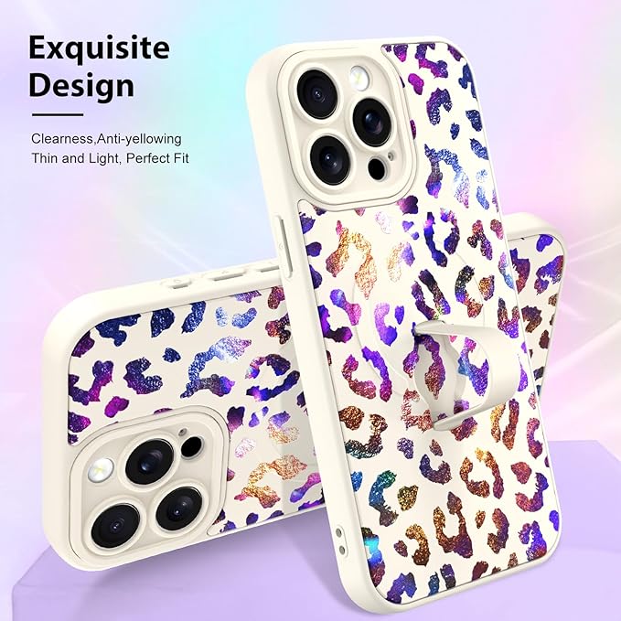 KANGHAR Compatible with iPhone 15 Pro Case, Support for MagSafe, Silicone Cute Iridescent Leopard Cheetah Pattern, Wristband Kickstand Shockproof Protective Slim Cover for Women Girls, White