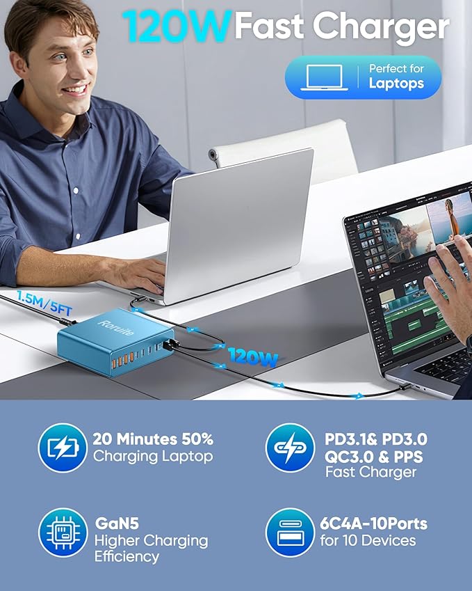 800W USB C Charging Station, 120W PD GaN5 Super Fast USB C Charger Block-10 Port, Type C for PC Laptop MacBook Pro/Air Charger Compatible with iPhone 17 16 15 14 13 12 Pro Max, iPad, Galaxy (Blue)