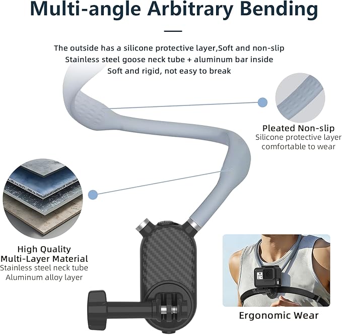 KINGJOY Action Camera Neck Mount, Flexible Silicone POV Neck Holder with Anti-Shake Chest Strap, Quick Release Magnetic Adapter Compatible with Hero 13/12, Action 5/4 & 360 Cameras for Vlogging