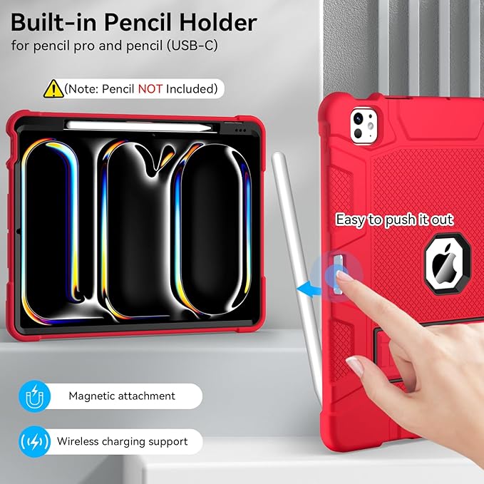 Case for iPad Pro 13 Inch Case (M5 2025/ M4 2024) with Pencil Holder, Built-in Stand, Military Grade Shockproof Protective Cover for iPad Pro 13" 8th/ 7th (Red)