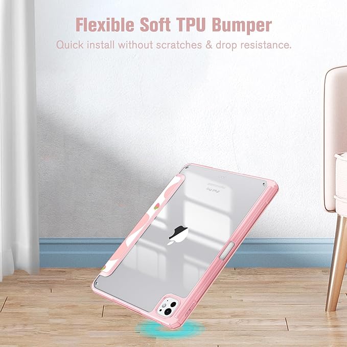 Fintie Hybrid Slim Case for iPad Pro 11-inch (M5) 2025 / (M4) 2024 - [Built-in Pencil Holder] Shockproof Protective Cover with Clear Transparent Back Shell, Strawberry Cow