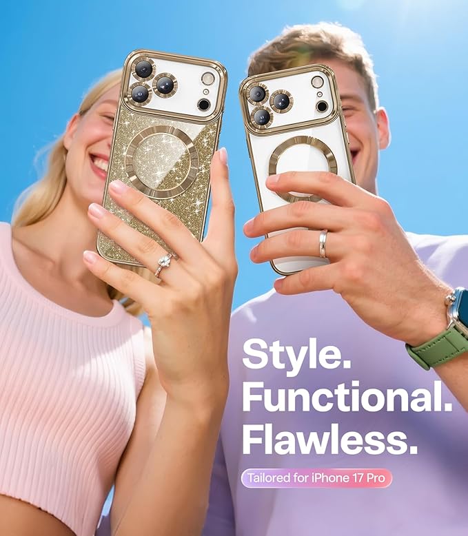 Meifigno Designed for iPhone 17 Pro Case 6.3", [Glitter Card & Wrist Strap] [Compatible with MagSafe] [2X HD Screen Protectors] Surround Raised Lens Protection for 17 Pro Case Women, Desert Titanium
