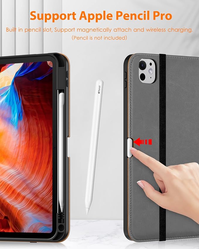 DTTO for iPad Pro 11 inch Case (M5/M4) 2025/2024, Premium Leather Business Folio Stand Cover with Pencil Holder - Auto Wake/Sleep and Multiple Viewing Angles, Gray