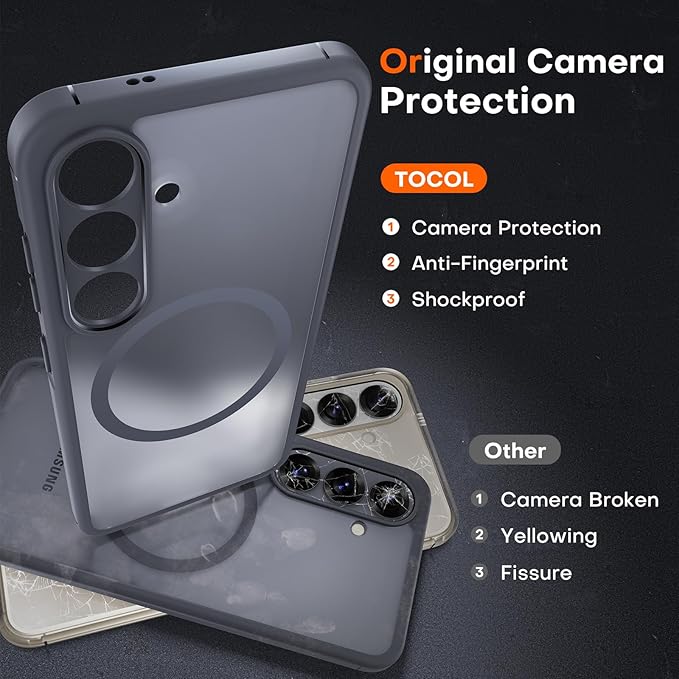 TOCOL for Samsung Galaxy S25 Case, Upgraded Full Camera Protection, Compatible with Magsafe, Drop Protection Slim Magnetic Matte Back Cover for Galaxy S25 6.2-Inch (Black)