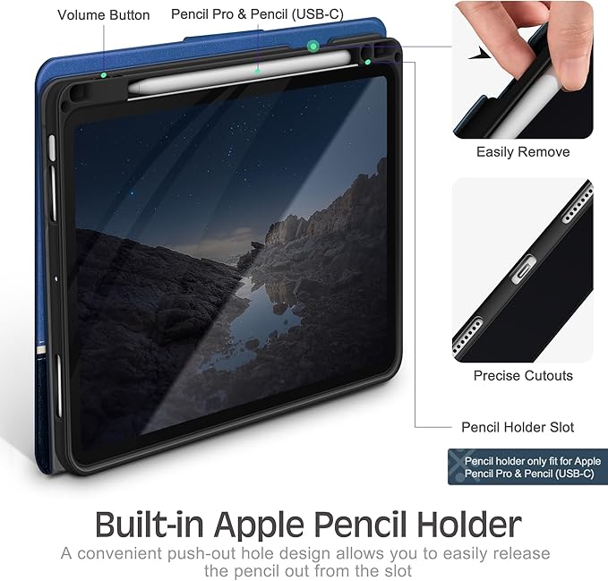 KingBlanc Case for iPad Air 13-inch M4/M3/M2 (2026/2025/2024) with Pencil Holder, Vegan Leather Cover, Auto Wake/Sleep, Multi-Angle Stand for Viewing & Drawing, Pencil Pro & USB-C Compatible, Blue