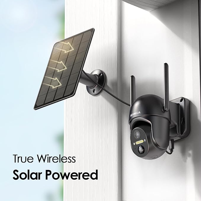 SEHMUA 2 Pack Outdoor Camera Wireless, 2K Solar Security Cameras Wireless Outdoor 360° View Solar Powered Camera, WiFi Home Security with Spotlight Color Night Vision, Black