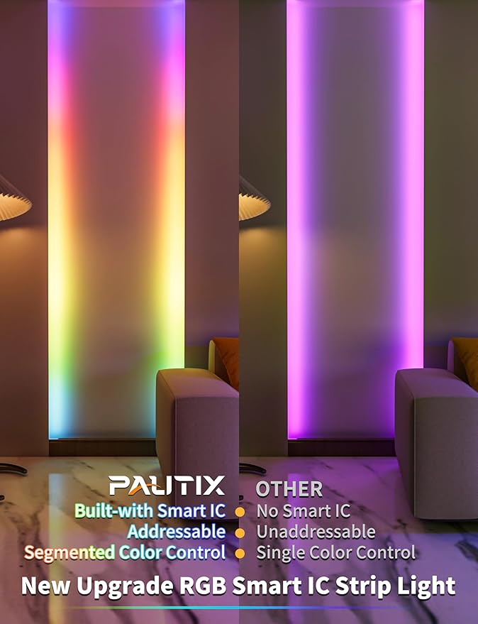 PAUTIX RGB Smart IC COB LED Strip Light USB 5V 6.56ft/2m,Work with Alexa/Google Assistant,Color Chasing UL-Listed Multicolor Flexible Tape LED Strip Light,for Cabinet,TV,Bedroom,Party DIY Decoration