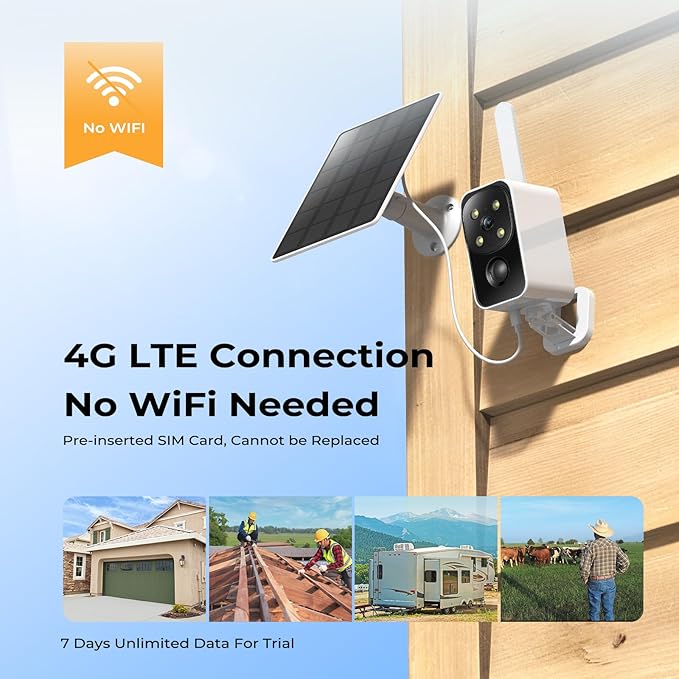 SEHMUA No WiFi Cellular Security Camera, Built-in 4G LTE SIM Card, 180° Pan, 2K Live Feed, Color Night Vision, Motion Detection, 2-Way Talk, Solar Camera for RVs/Camping/Travel & Indoor/Outdoor