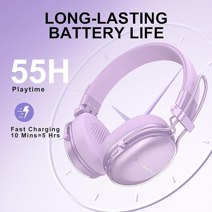 Wireless On-Ear Headphones, Active Noise Cancelling, Bluetooth 5.4, Hi-Res Sound, 55H Playtime, Lightweight and Comfortable, Foldable Design, for Home Office Travel, Purple