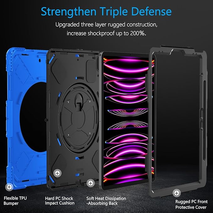 Miesherk Case for iPad Pro 12.9 Inch 6th/5th/4th Generation, Military Grade Heavy Duty Shockproof iPad Pro 12.9 Case - Rotating Stand, Pencil Holder, Hand/Shoulder Strap, Black+Blue