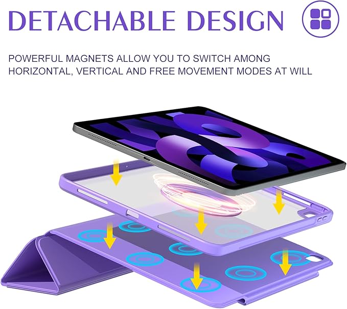 ZENLU iPad Air 10.9/11 inch Case with Removable Magnetic Folio Cover, Premium PU Leather, Multiple Angles Stand, Pencil Slot Charging Support, Full Protective Case for iPad Air 7 6 5 4 Gen (Purple)