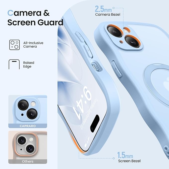 CAPRARO for iPhone 15 Plus Case with 360° Spin Magnetic Stand for Women, [Compatible with MagSafe] [Full Camera Protection] Cute Wave Translucent Matte Case for iPhone 15 Plus, Sky Blue