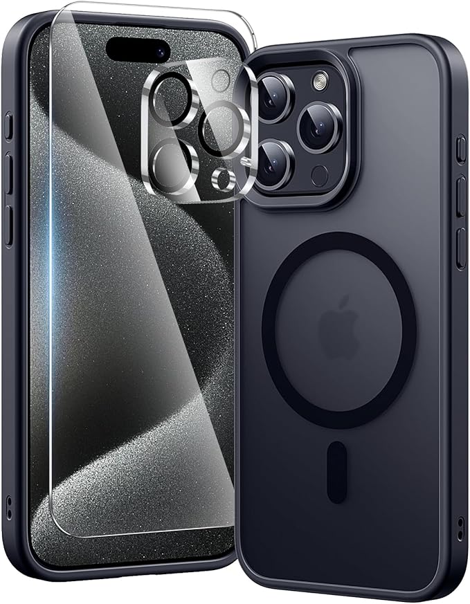 toushion 3 in 1 for iPhone 15 Pro Max Case with MagSafe, Screen Protector*1 Camera Lens Protector*1,Skin Feeling Back Military-Grade Protection for iPhone 15 Pro Max Phone Case 6.7 inch Matte Black