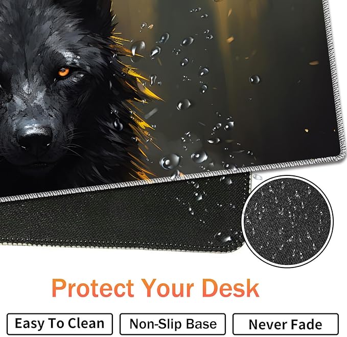 Extended Non-Slip Mouse Pad + Mouse Wrist Rest + Lace-Shaped Coaster Set, Ergonomic Design, Suitable for Desk and Home Gaming Table Mat, Black Wolf