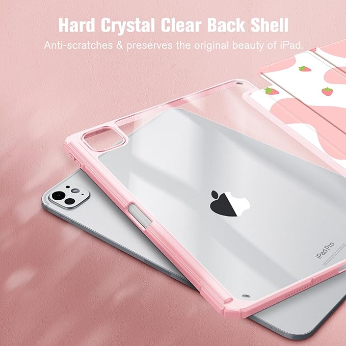 Fintie Hybrid Slim Case for iPad Pro 11-inch (M5) 2025 / (M4) 2024 - [Built-in Pencil Holder] Shockproof Protective Cover with Clear Transparent Back Shell, Strawberry Cow