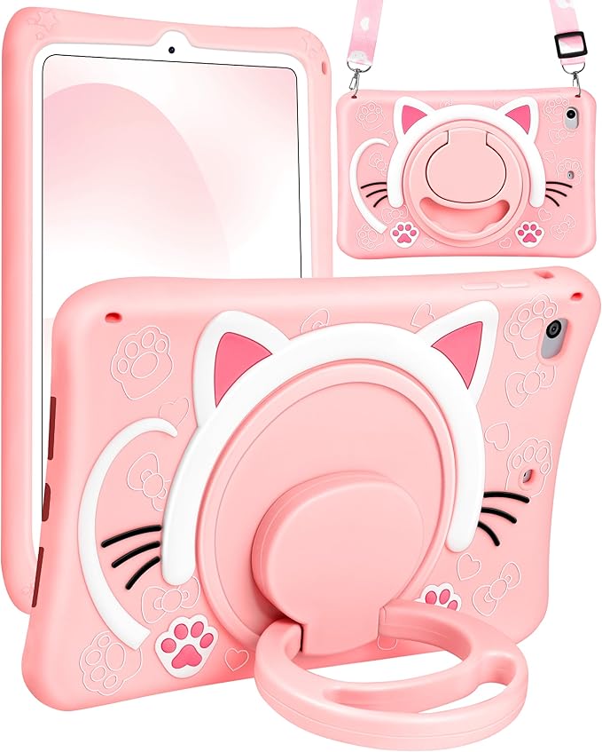 Wazzasoft for iPad mini 1/2/3 Case 7.9 Inch Girls Cute Cat Kawaii Cover Girly 3D Cartoon Women Kitten with Rotating Handle Stand & Strap Soft Silicone Funda for Apple iPad mini 3rd/2nd/1st Gen Cases