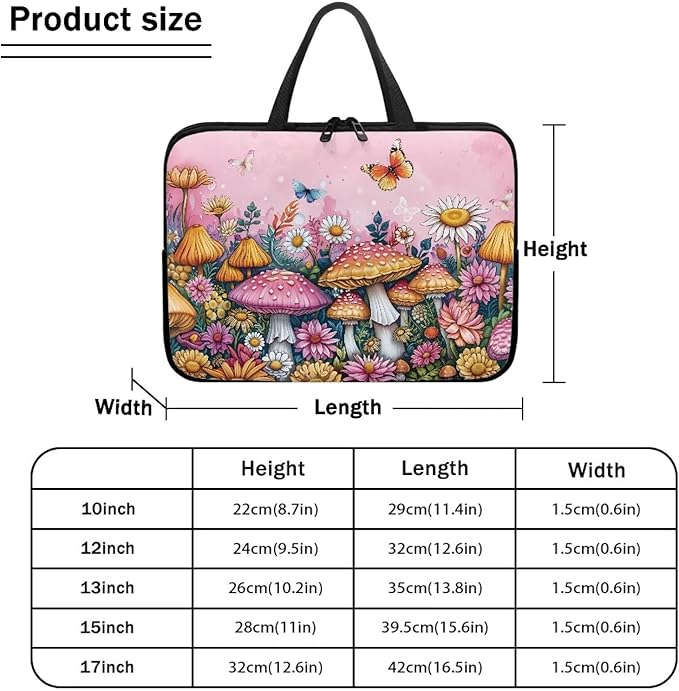 17 Inch Mushroom Butterfly Laptop Sleeve Cover Computer Bag Tablet Carrying Case with Handle, Water-Repellent Tote Bags Notebook Sleeves Handbag Messenger Briefcase Shoulder Bag