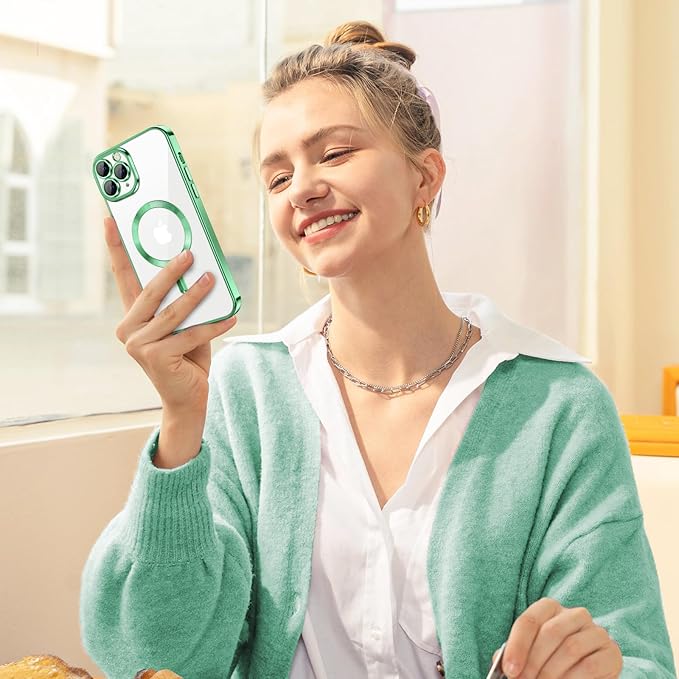 Hython Magnetic Clear for iPhone 11 Pro Max Case with Camera Lens Protector [Compatible with MagSafe] Plating Edge Slim Soft TPU Cover Protective Phone Case for iPhone 11 Pro Max 6.5", Light Green