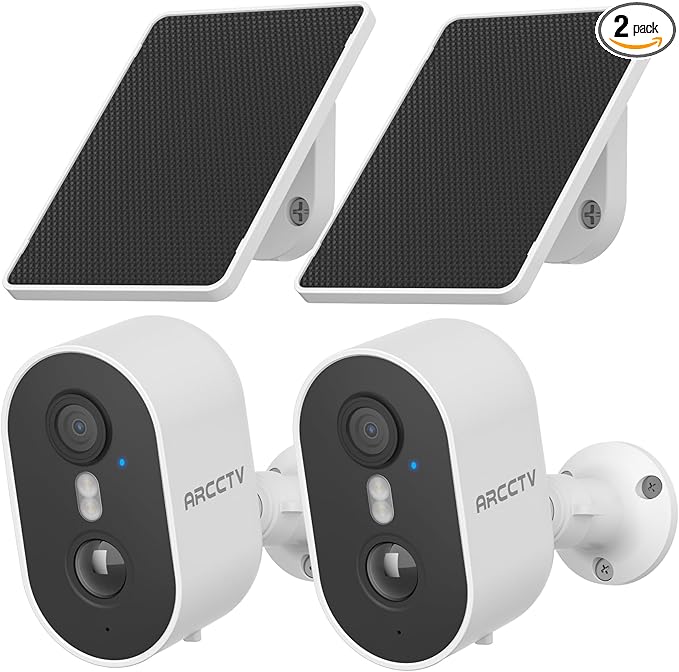ARCCTV Security Camera Wireless Outdoor, 4MP Recharge Battery Powered WiFi Camera with Solar Panel, Motion Detection, Color Night Vision, 2-Way-Audio, 2.4G/5G Dual Band WiFi (2 Pack)