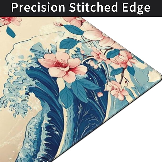 Japanese Sea Wave Extended Large Mouse Pad for Desk, 48"x24" Big Gaming Mouse Pads with Stitched Edges, Non-Slip Rubber Base Computer Desk Mat Mouse Mat for Home Office Work