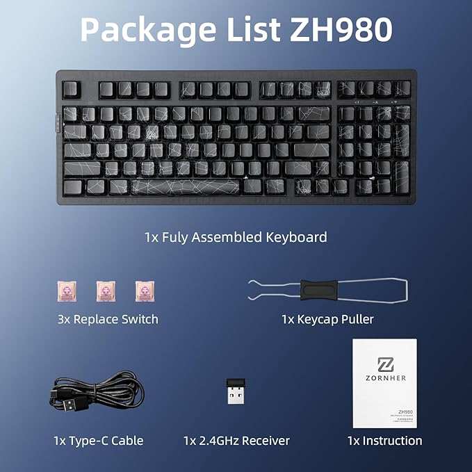 ZORNHER ZH980 Silent Mechanical Keyboard,95% Black Silent Gaming Keyboard with Number Pad,Shine Through Spider Web PC Keycaps,Keyboard Quiet Silent Switches