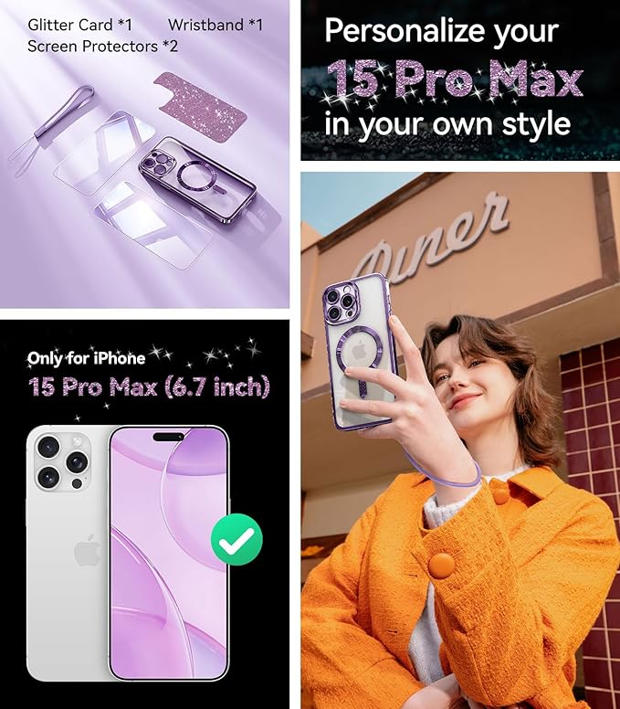 Meifigno for iPhone 15 Pro Max Case 6.7", [Glitter Card & Wrist Strap] [Compatible with MagSafe] [2X Screen Protectors] Surround Raised Camera Lens Protection for 15 Pro Max Case, Deep Purple