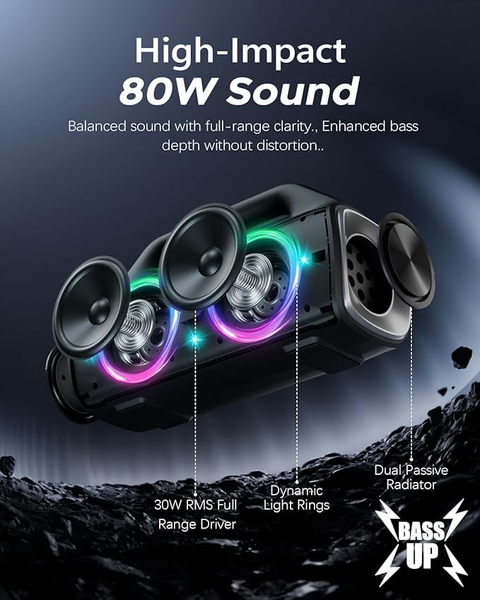 YIER Speakers, 80w (Peak) Portable Wireless Speaker with Lights, Stereo Loud Sound, IP67 Waterproof, Deep Bass Outdoor Speakers Bluetooth 5.3 Dual Pairing for Home Party Beach Camping, Gifts