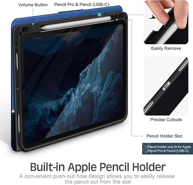 KingBlanc Case for iPad Pro 13 inch (M5 2025/M4 2024) with Pencil Holder, Vegan Leather Stand Cover, Auto Sleep/Wake, Support Pencil Pro/(USB-C), Viewing/Writing Angles, Vintage Notebook Style, Blue