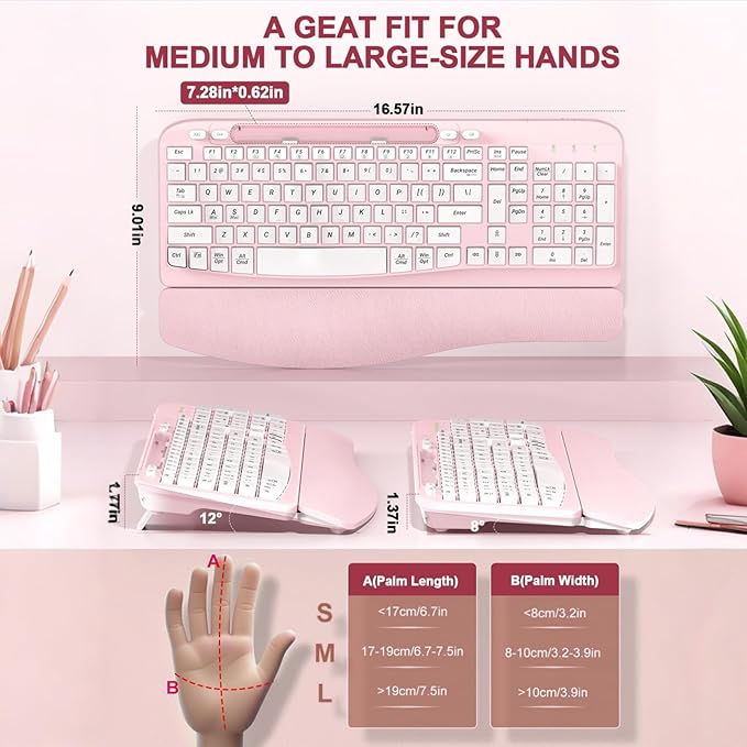 Ergonomic Wireless Keyboard with Cushioned Wrist Rest, Wave Keys, Phone Holder, Comfortable Natural Typing, 2.4GHz Full Size Cordless USB Computer Keyboard for Windows, Mac OS, Laptop, PC (Pink)