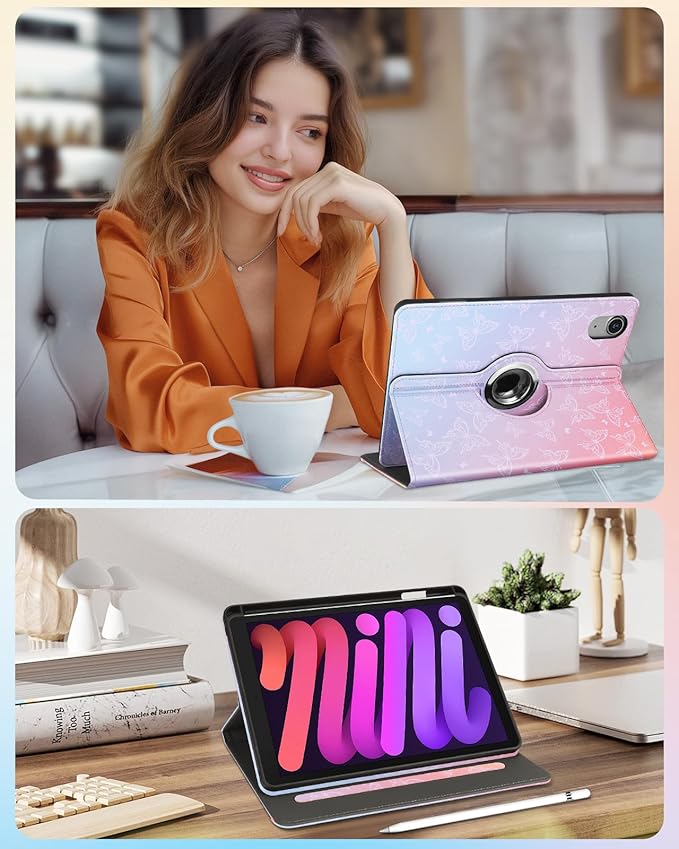 Kidcube for iPad mini 7 Case A17 Pro 2024, for iPad mini 6th Generation Case 8.3 Inch - Women Girls Kids Cute Rotating Stand Folio Cover with Pencil Holder & Card Slot Girly Kawaii Butterfly Cover