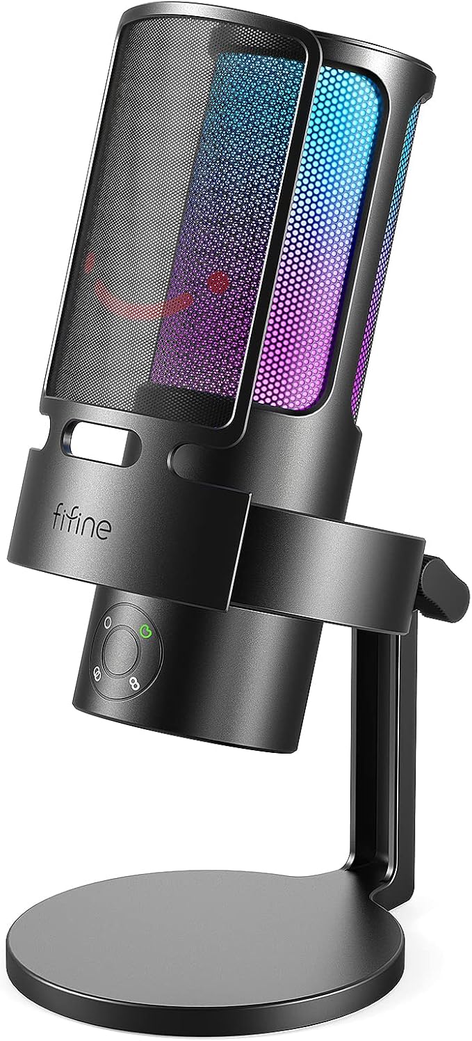 FIFINE Gaming USB Microphone, PC Computer Mic with 4 Polar Patterns for Podcast Streaming Recording YouTube, RGB Condenser Desktop Mic for Windows, Mac, with Headphone Jack-AmpliGame A8 Plus