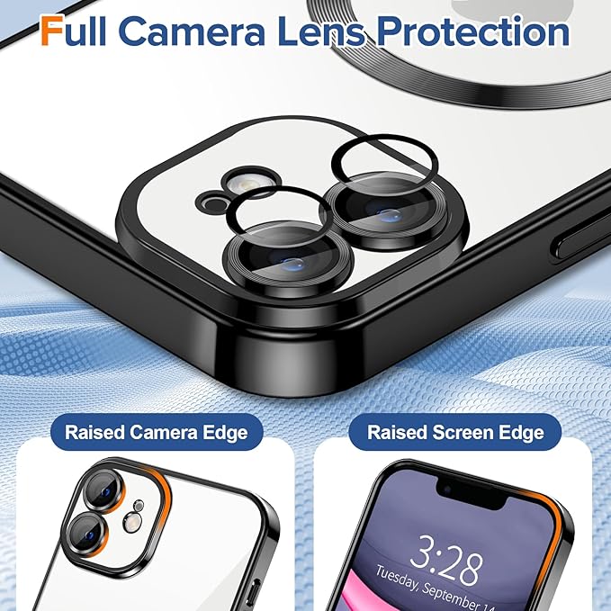 Hython Magnetic Clear for iPhone 11 Case with Camera Lens Protector [Compatible with MagSafe] Luxury Plating Edge Slim Soft TPU Cover Protective Phone Case for iPhone 11 6.1", Black