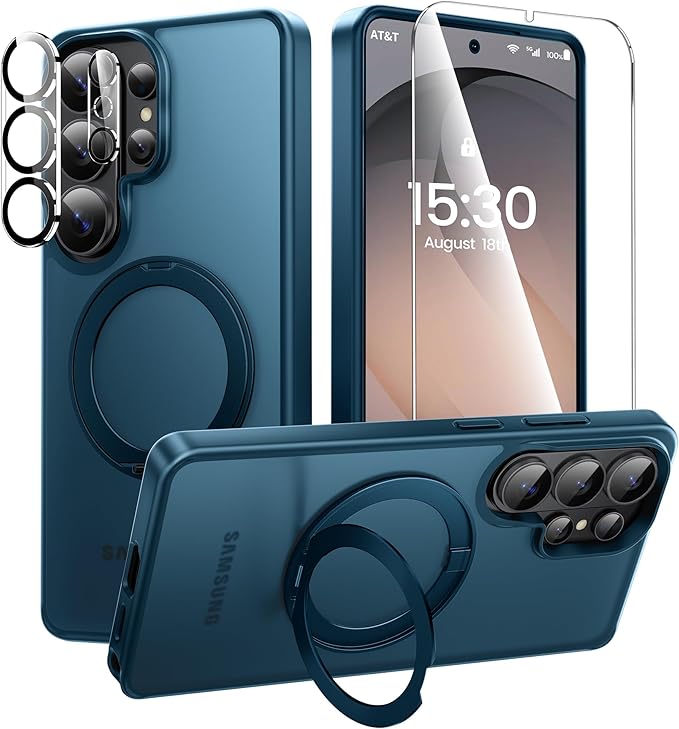 360°Ring Stand for Samsung Galaxy S26 Ultra Case with 1X Screen Protector +1X Camera Cover,Fit for MagSafe, Translucent Matte Cover & Scratch-Resistant Back Cover for Galaxy S26 Ultra 6.9", Blue