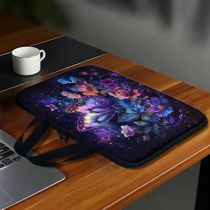 Purple Butterfly Floral 10 Inch Laptop Sleeve, Protector Laptop Case Tote Bag, Women Computer Cover with Zipper Work Travel Handbag Tablet Carrying Shoulder Bag for School Business