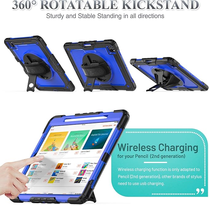 SEYMAC stock Case for iPad Pro 12.9'' 2022/2021/2020/2018 with Screen Protector 360 Rotating Stand Hand Strap, Drop-Proof Case for iPad Pro 12.9''(6th/5th/4th/3rd Generation), Blue/Black