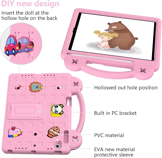 Dteck Kids Case for iPad 9.7 Inch 6th/5th Gen 2018/2017 & iPad Air 2/1 & iPad Pro 9.7 2016,Cartoon Panda Shockproof Rugged Lightweight Pencil Holder Convertible Handles Stand Kids Friendly Case,Pink