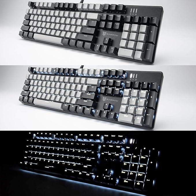 Merdia 104 Keys Wired Mechanical Gaming Keyboard | White LED Backlit US Layout | Hot Swappable Blue Switch Full Size Mechanical Keyboard | Black & Grey Keycaps Light Up PC Gaming Computer Keyboards