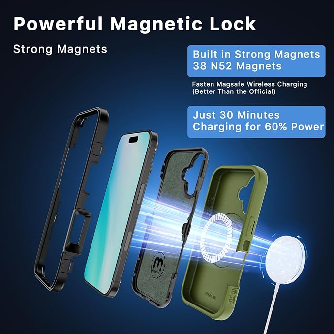 M MYBAT PRO Maverick Series for iPhone 16 6.1 Case with Belt Clip Holster,[Compatible with Magsafe] w/Screen Protector,Anti-Drop,Shockproof,with 360°Rotating Kickstand,Heavy Duty Protection