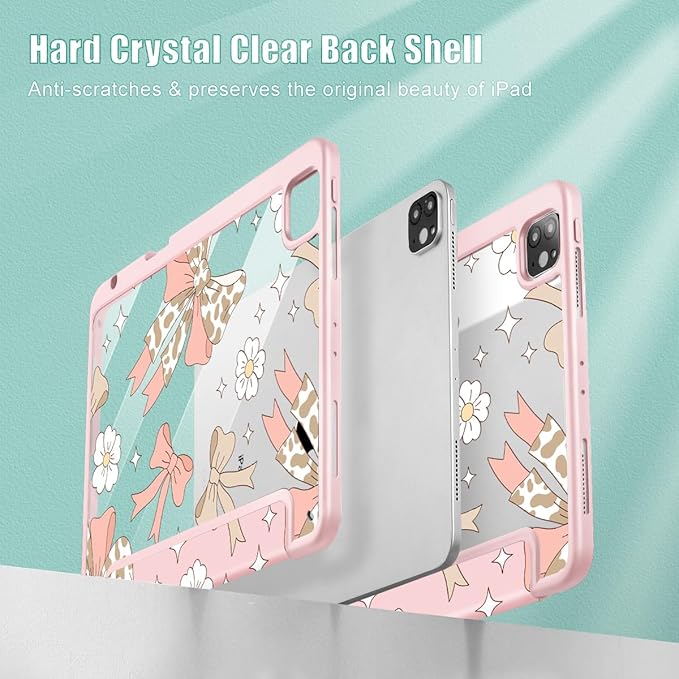Tuiklol for iPad Pro 11 Inch 4th / 3rd / 2nd / 1st Gen (2022 2021 2020 2018) Case -Built-in Pencil Holder Shockproof Cover Clear Transparent Back Shell with Auto Wake/Sleep, Leopard Bow Gary