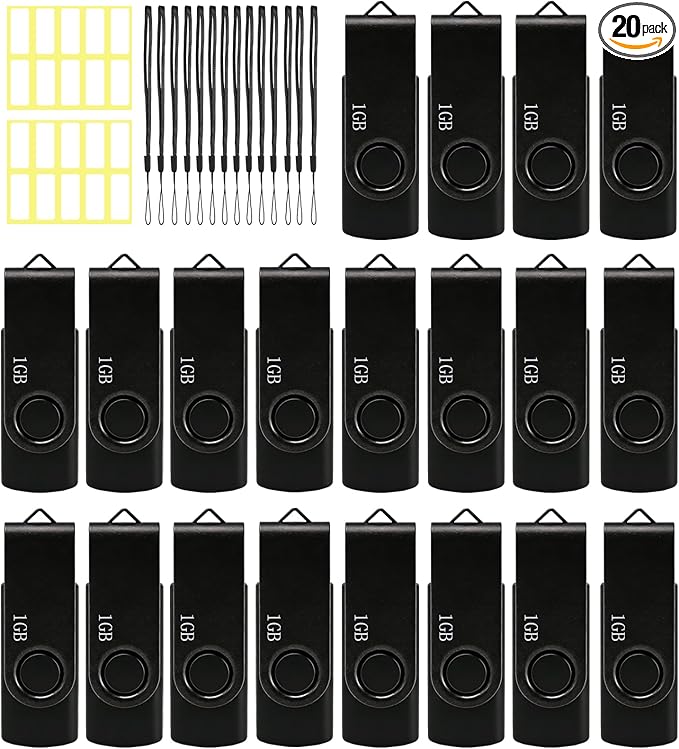 1GB USB Flash Drive 20 Pack Nicepicten Bulk USB 2.0 Thumb Drive Fat Flash Drives Multipack Swivel Jump Zip Drive USB Memory Stick with Label & Lanyards (1GB Black)