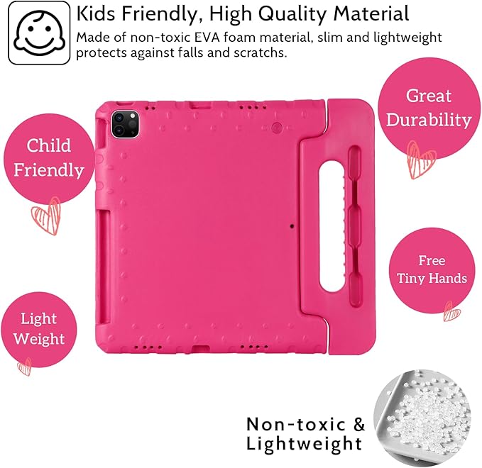 Dteck Kids Case for iPad Air 11" M2 2024, iPad Pro 11" Case 2024, Lightweight Shockproof Rugged EVA Kids Friendly Handle Kickstand Child Proof Protective Case with Pencil Holder, Rose