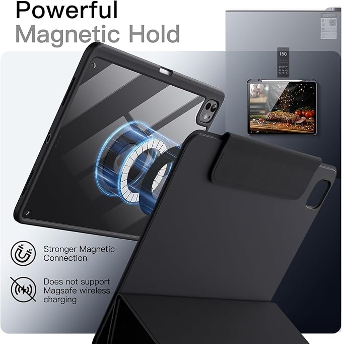 JETech Magnetic Detachable Case for iPad Pro 13-Inch M5/M4 (2025/2024) with Pencil Holder, Removable Rotating Clear Cover, Portrait/Landscape Stand with Raised Screen View (Black)