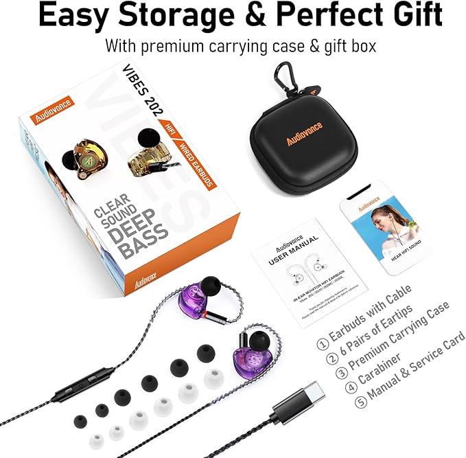 Vibes 202MC USB-C Wired Earbuds - USBC HiFi in Ear Headphones for iPhone 17/16/15 - Noise Isolating Ear Buds w/ Mic - Clear Sound, Deep Bass & Comfort-Fit Earphones - Silver Plated Cord, Carrying Case
