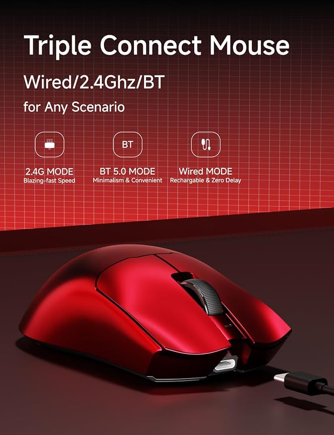 EWEADN S9 Ultra Wireless Gaming Mouse, 59G Ergonomic Computer Mouse, Triple Modes, 8K Polling, PAW3950 42K DPI Optical Sensor, Kailh Switch, 250h Battery Life, Programmable for PC/Win/Mac(Red)