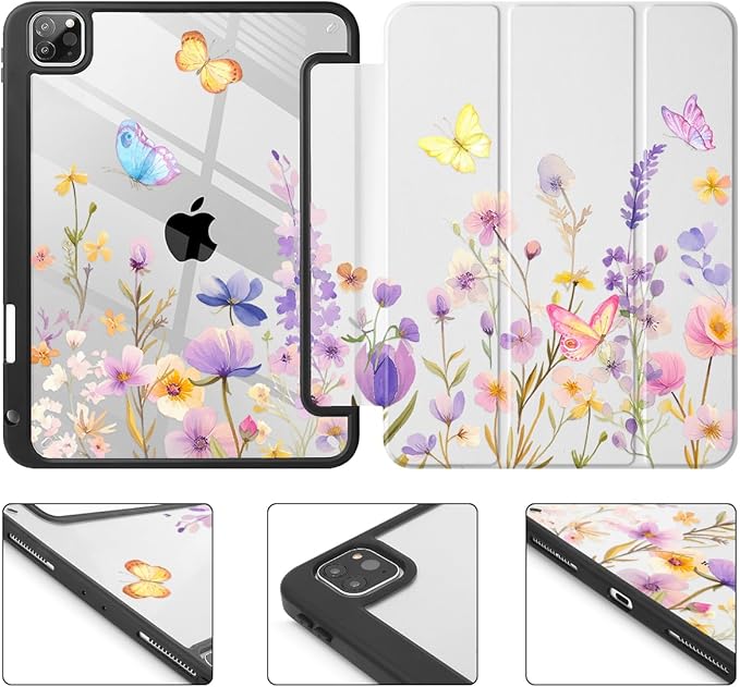 Tuiklol for iPad Pro 11 Inch 4th / 3rd / 2nd / 1st Gen (2022 2021 2020 2018) Case -Built-in Pencil Holder Shockproof Cover Clear Transparent Back Shell with Auto Wake/Sleep, Purple Flower
