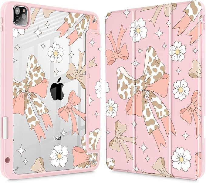 Tuiklol for iPad Pro 11 Inch 4th / 3rd / 2nd / 1st Gen (2022 2021 2020 2018) Case -Built-in Pencil Holder Shockproof Cover Clear Transparent Back Shell with Auto Wake/Sleep, Leopard Bow Gary