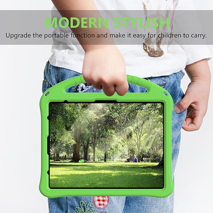 Kids Case for iPad Air 13 inch M4/M3/M2 (2026/2025/2024) with Pencil Holder/Shockproof Handle/Kickstand/Slim Lightweight Soft EVA Foam Folio Stand Tablet Protective Girls Boys Cover, Green